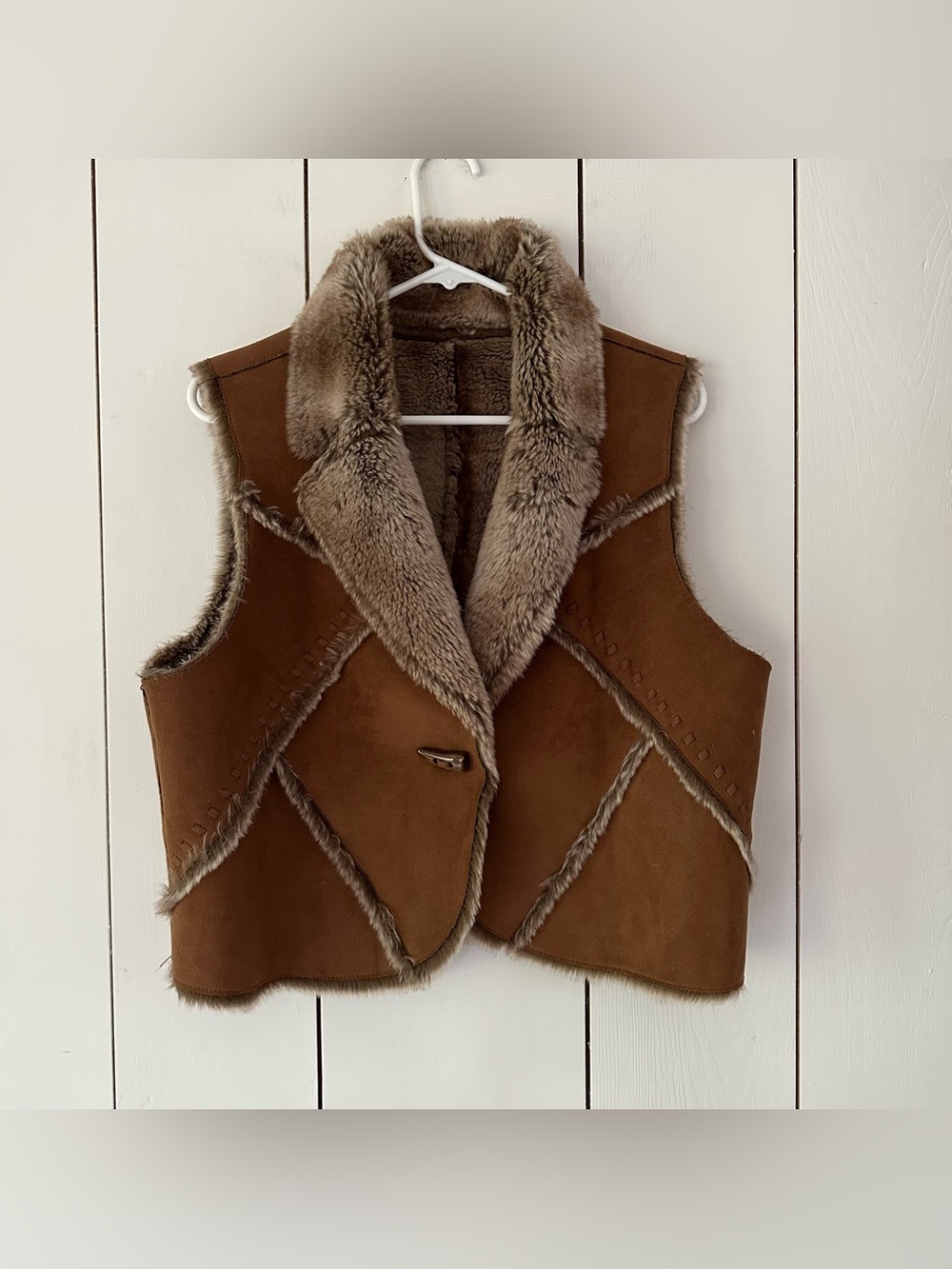 Vintage Faux Suede Vest M Toggle Closure Faux Fur Lining Brown Boho Penny Lane